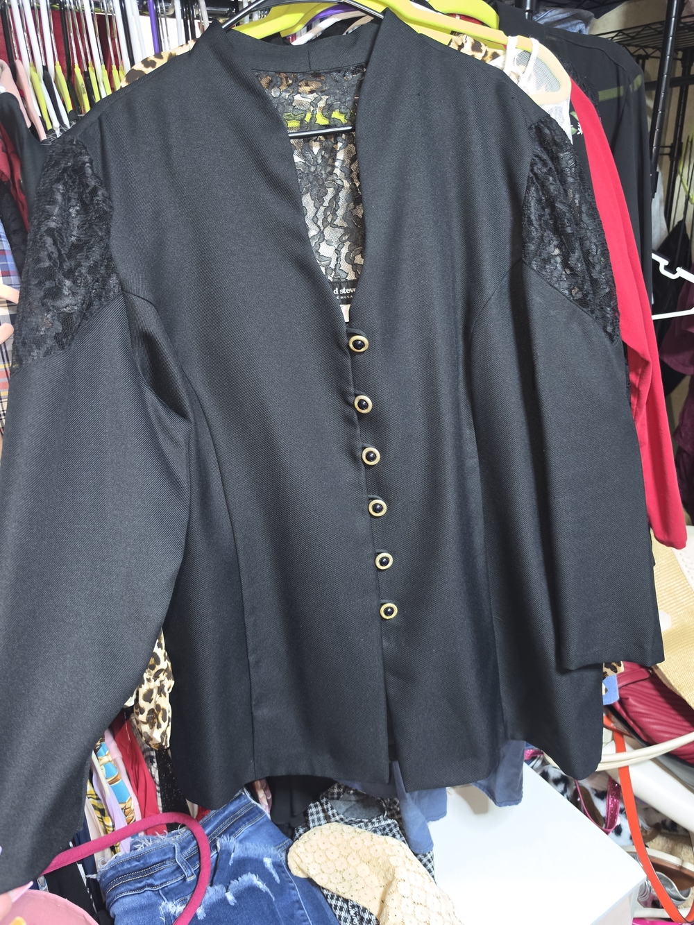 Black Lace-Detail Button-Front Women's Blazer